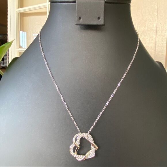 Silver Double Heart Necklace Made w/ Swarovski Crystal - Picture 3 of 9